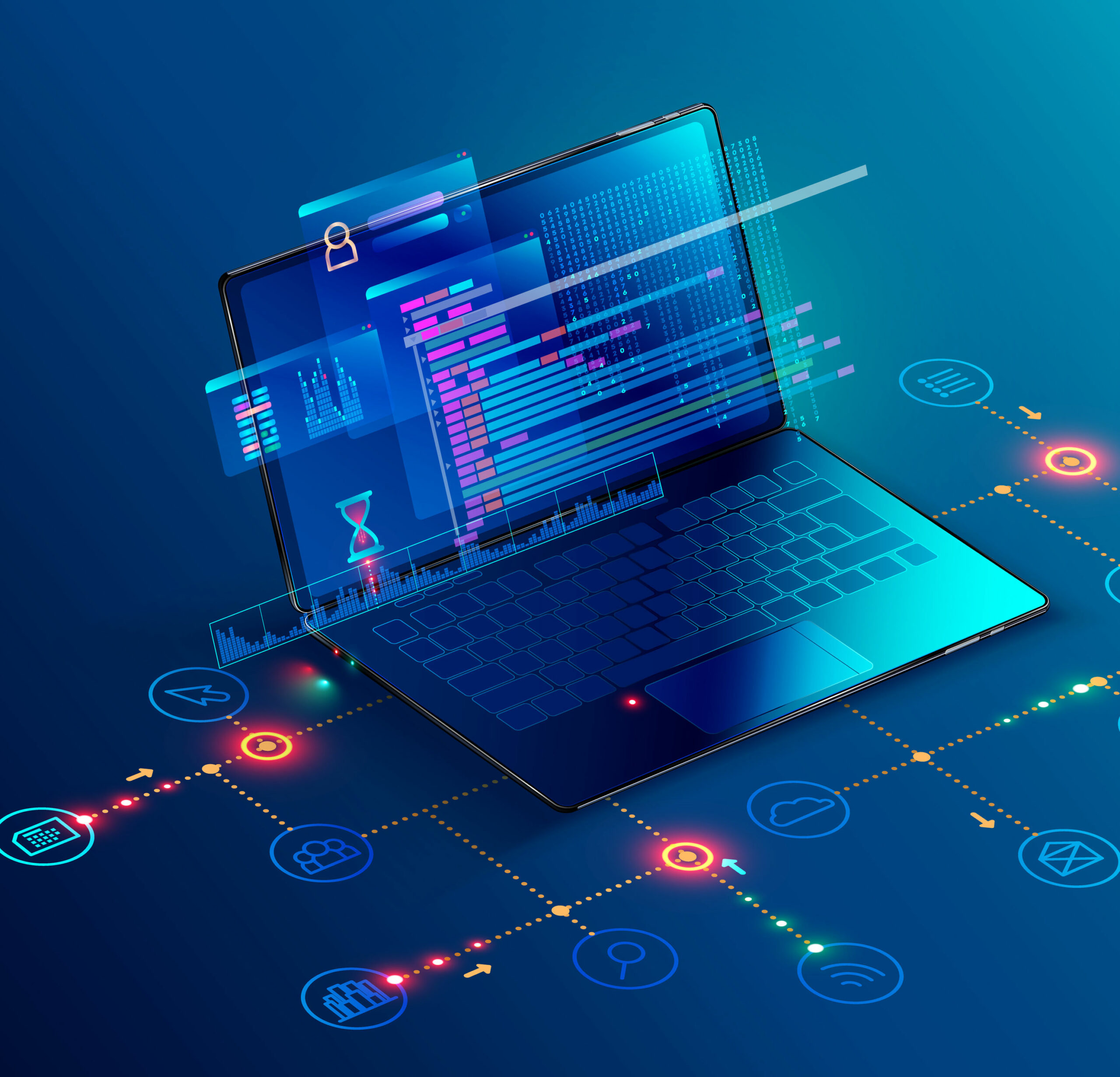 Software, web development, programming concept. Abstract Programming language and program code on screen laptop. Laptop and icons company network . Technology process of Software development