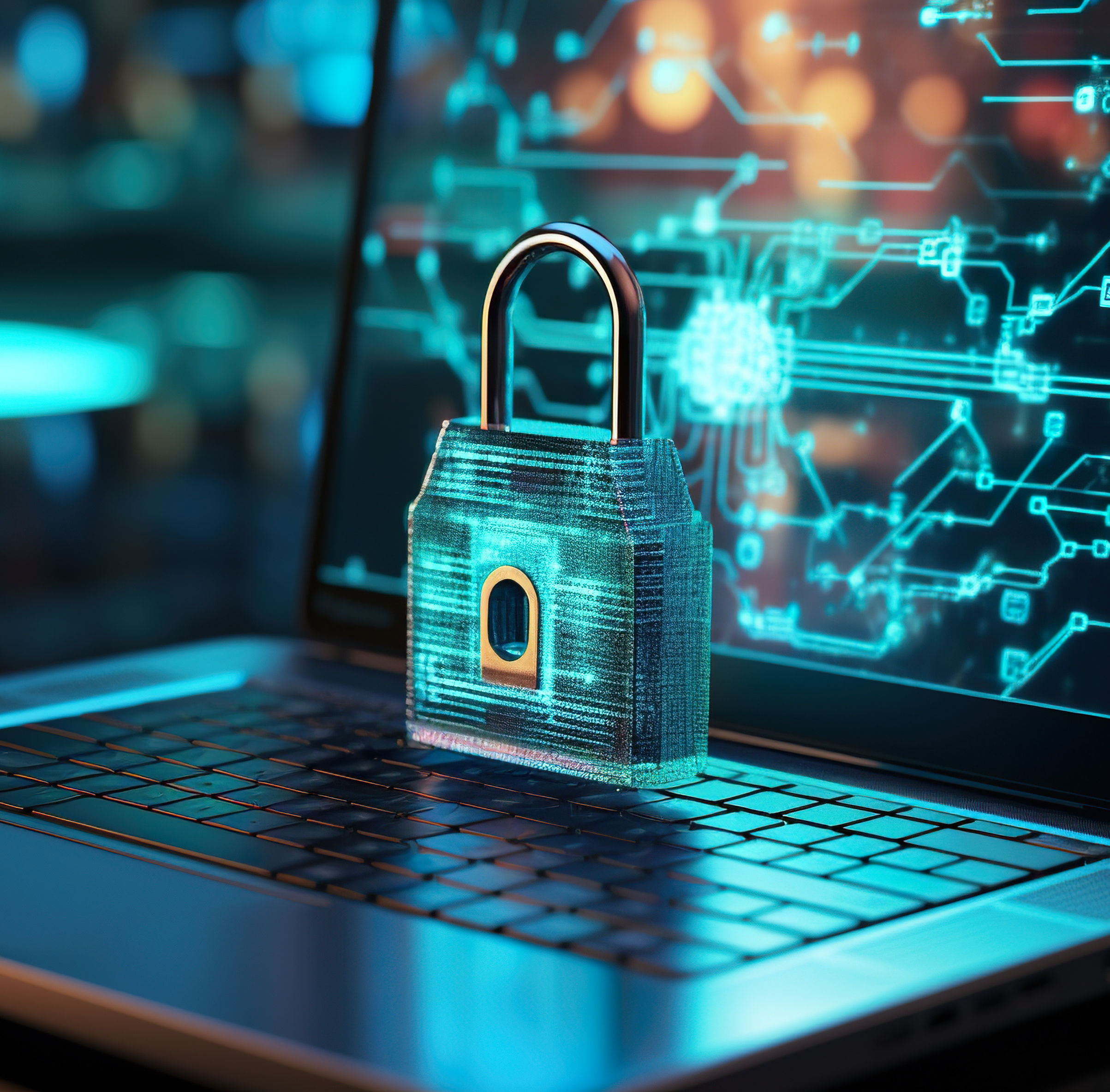 Cyber security concept. A laptop with a lock on the keyboard. Generative AI.